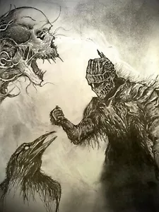 crow, skull and shadow soldier pencil sketch Dark wall art painting 21 x 28cm - Picture 1 of 3