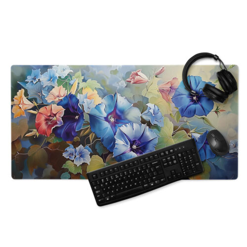 Morning Glory Gaming Mouse Pad, Blue Floral Mousepad, X Large Extended Deskmat
