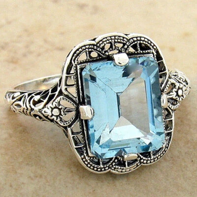 GENUINE SKY BLUE TOPAZ 925 STERLING SILVER ART DECO STYLE FILIGREE RING     #962 - Image 1 of 3