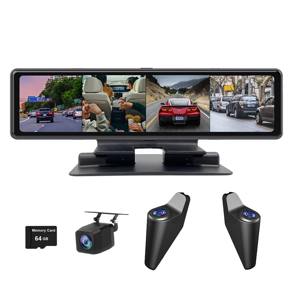 4 Channels 12'' Rearview Mirror 4K Dash Cam 360° Panoramic Car CVR Wifi ADAS BSD - Image 1 of 4