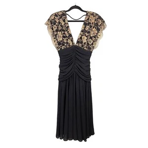 Casadei Vintage 70s Deep V Neck Gold Lace Ruched Empire Draped Dress Size 8 - Picture 1 of 11