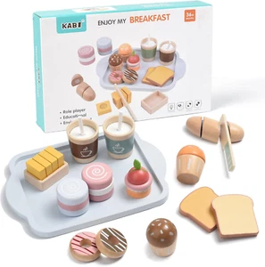 Wooden Play Food Sets for Kids Toddlers Kitchen Pretend Food Play Wood Bakery To - Picture 1 of 12