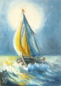 Yacht Boot Original Ölgemälde Meereslandschaft Wandbild Dekor Leinwand 5x7 cm - Bild 1 von 3