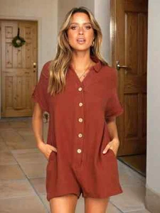 Women's Button Front Short Sleeve Romper - S-2XL - Picture 1 of 13