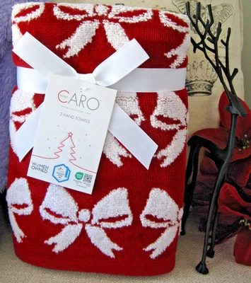 Nuevo Juego de 2 toallas de mano de baño de algodón con lazos rojos y blancos de Navidad CARO Foto 1 de 4