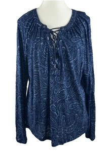 Chaps Damen blau Blumen Schnürung Bindeband Ausschnitt 3/4 elastische Ärmel weich fallend Top Large - Bild 1 von 7