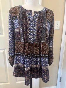 Daniel Rainn L Patchwork Plissee blau Blumen Biesen Top Bluse Rollriegelärmel - Bild 1 von 11