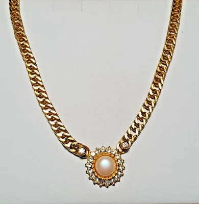 71 - Panzerkette vergoldet Länge 42cm Breite 6mm, Anhänger mit Perlen-Cabachon - Bild 1 von 4