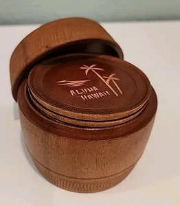 Vtg Retro Aloha Hawaiian Wood Coasters Palm Trees Set of 12, W/ Wooden Barrel  - Picture 1 of 14