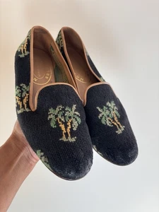 Stubbs & Wootton black velvet needlepoint slippers palm tree design size 7 1/2 - Picture 1 of 9
