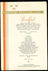 1940 MS Kungsholm Frühstücksmenü - Swedish American Line - Bild 1 von 1