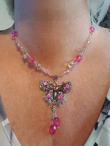 Silver Plated Pink Crystal and Bead Butterfly Necklace . - Picture 1 of 8