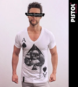 Pistol Boutique men's Fitted White Deep V neck ACE OF SPADES SKULLS T-shirt - Picture 1 of 12