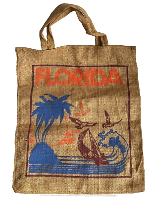 Bolso de Mano Vintage Florida Palmera Velero Ola del Océano Recuerdo Arpillera Foto 1 de 4