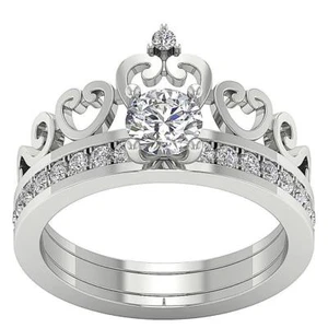 Heart Crown Bridal Engagement Ring Set 1.25 Ct Round Diamond 14K White Gold RS 6 - Picture 1 of 8
