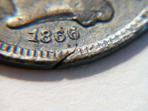 1866 VF+/XF *Toned* 3 Cent Nickel with Die Cracks & Defective Planchet Rim Error Cover