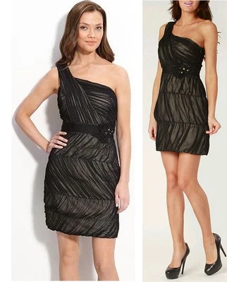 Max And Cleo Sandrine One Shoulder Black Sheer Overlay Chiffon Dress 8 - Image 1 of 4