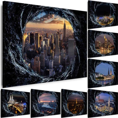 WANDBILDER Mauerloch Raumloch Städte NY 3D illusion LEINWAND XXL KUNSTDRUCKE - Bild 1 von 3