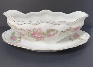 Z.S. &Co. Gravy Sauce Boat Pink Roses Flowers Gold Trim Attached Underplate READ - Picture 1 of 21