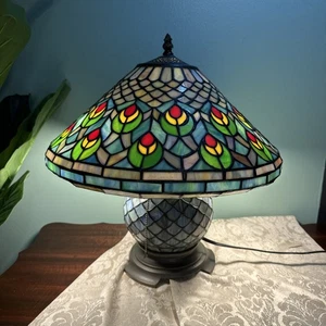 Vintage Tiffany Style Mosaic Peacock Stained Glass Top Bottom 3 Way Lamp Works! - Picture 1 of 11