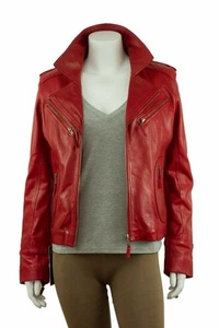 Attraction Women's Red Leather Napa Slim Tight Fitted Short Rock Biker Jacket - Picture 1 of 5