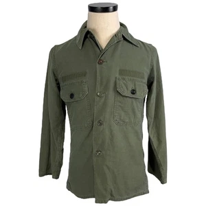Vintage 60s Army Olive Green Cotton Sateen Shirt Medium - Picture 1 of 10