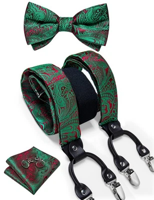 Men's Christmas Bow Tie Suspenders Set with Pocket Square Cufflinks Clip-On - Image 1 of 4
