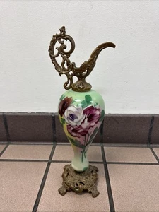 Antique Hand Painted Rose Motif Porcelain Brass Mantel Ewer 18" x 7" X 6" - Picture 1 of 6