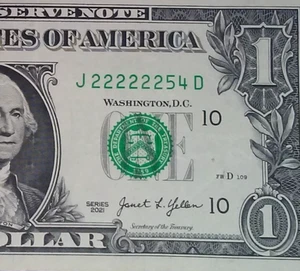 (6 IN EINER REIHE!) 1 $ 6 in einer Reihe 2s Fancy Seriennummer J22222254D Serie 2021 - Bild 1 von 3