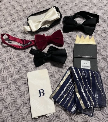 LOT OF 4 Black White Velvet Maroon  Bowtie Ties Adjustable Pocket Square Hanky - Image 1 of 4