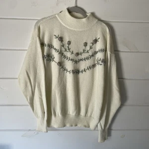 Vintage 90er Grandmacore Cottagecore Strickpullover Blumen weiß Damen Large - Bild 1 von 5