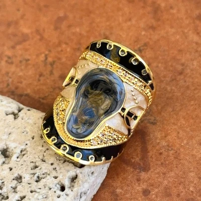 Anillo de montura redondo de latón chapado en oro amarillo de 18 quilates circonita cúbica, negro, gris, esmalte crema 7 Foto 1 de 4