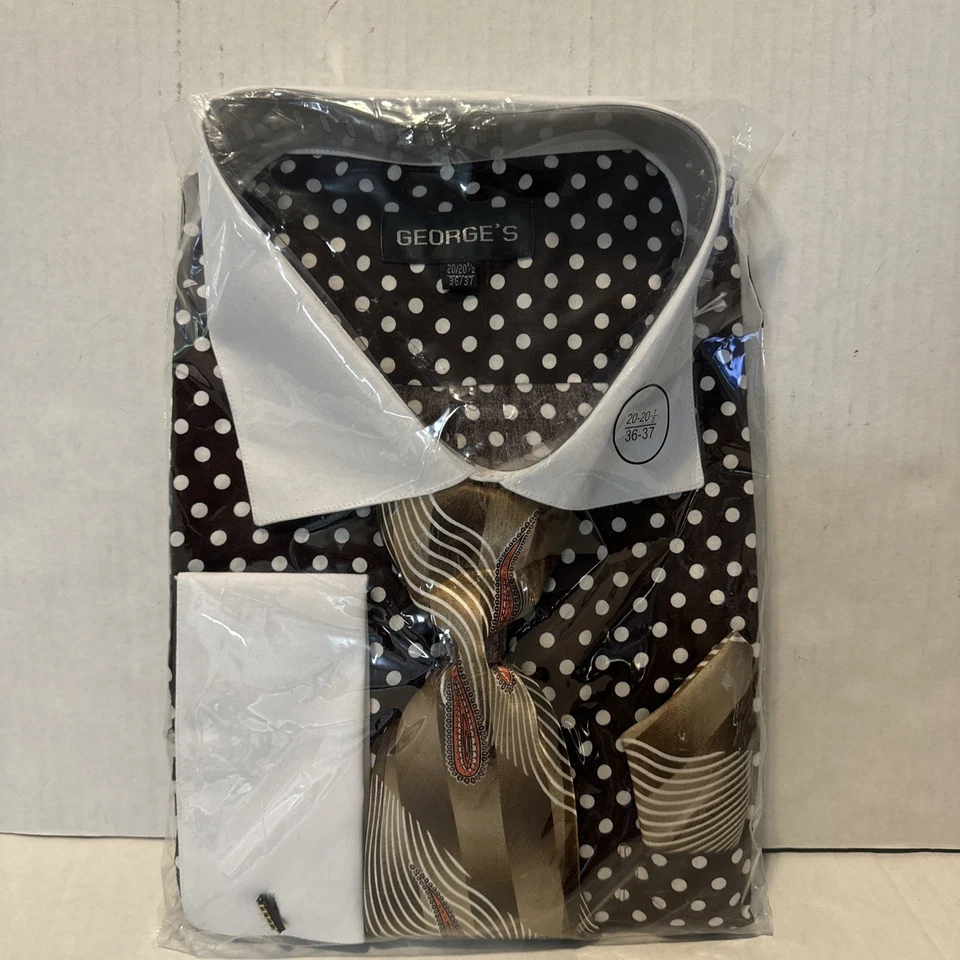 Men's Polka Dot French Cuff Cotton Dress Shirt w/ Tie & Hanky Set Brown/white - Image 1 of 4