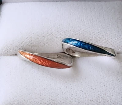 2 Stackable Sterling Silver Enamel Rings – Blue & Orange – Size 5 - Image 1 of 4