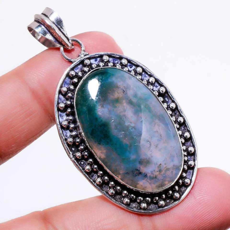 Ciondolo pietra preziosa ovale agata muschio fatto a mano regalo del ringrazi... - Immagine 1 di 4