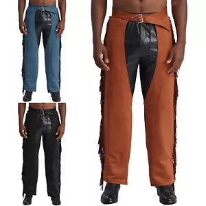 Pantaloni moto biker uomo frange pelle scamosciata western cowboy nappe - Foto 1 di 45