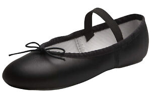 Black Leather Ballet Shoes Full Sole with Attached Elastics
