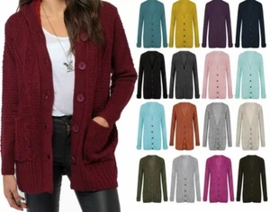 Grobstrick-Cardigan Damen Frauen Zopfmuster Knopf lange Ärmel Opa Cardigan UK - Bild 1 von 23
