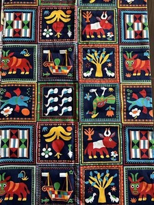 Vtg Cotton Collage Fabric W45”xL2.4Yds Boat Peacocks Ducks Cows Fish Geometric - Picture 1 of 14