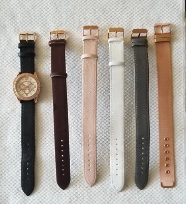 XOXO Rose Gold Tone Watch Crystal Bezel With 6 Bands 5.5" to 7" New Battery - Image 1 of 4