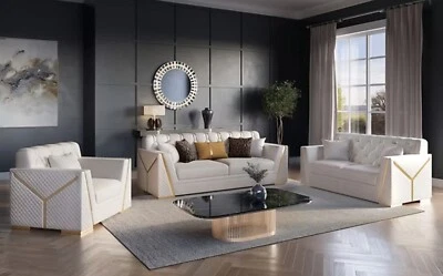 NUEVO Sofá de 3 piezas de oro blanco silla de dos tonos terciopelo contemporáneo sala de estar Foto 1 de 4