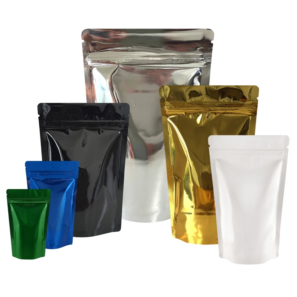 Glossy Shiny Foil Resealable Zip Lock Bags Stand Up Pouches Food Grade Heat Seal - Image 1 of 4