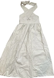 New Commense Long Dress XL/12 Khaki Linen Blend Criss Cross Halter Maxi Pockets - Picture 1 of 18