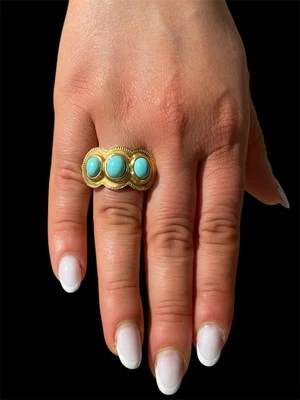  Anello In Turchese E Argento Placcato In Oro - Immagine 1 di 4