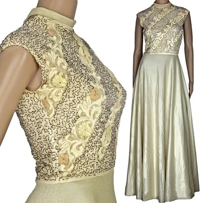 Vestido de noche vintage Pat Sandler años 60 con cuentas beige dorado hecho a mano de encaje 6 Foto 1 de 4