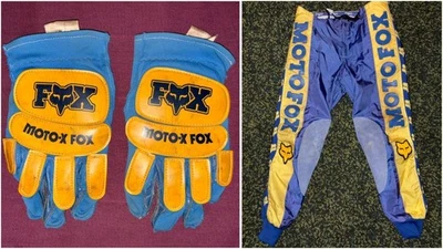 Vintage Blue Yellow MOTO X FOX Racing Gloves & Pants Set - 36" - ahrma 70s ama - Image 1 of 4