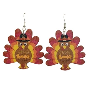 Thanksgiving Turkey Dangle Earrings Brown Orange Yellow Red Wooden Fall Autumn - Picture 1 of 4