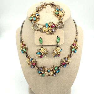 Vintage Barclay Parure Set Halskette Armband Ohrringe Kunstperlen Strass - Bild 1 von 13