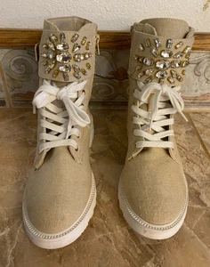 Make A Scene, blingy canvas rhinestone jeweled hi-top buckle combat boots - sz 6 - Picture 1 of 9