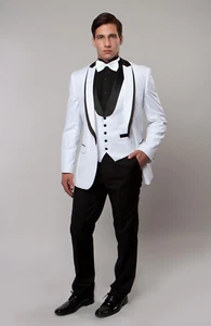 Men's 3 Piece Tuxedo Peak Shawl Lapel Black Tie Wedding Groom Prom Tux With Vest - Picture 1 of 13